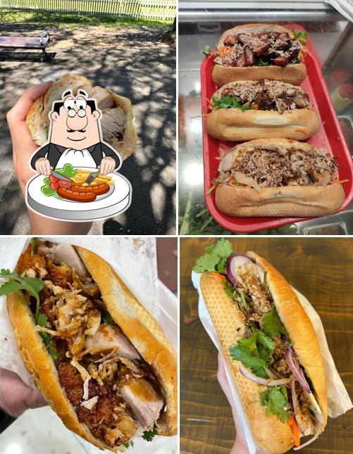 Three banh mi on a red tray at Top Ryde Bakers House